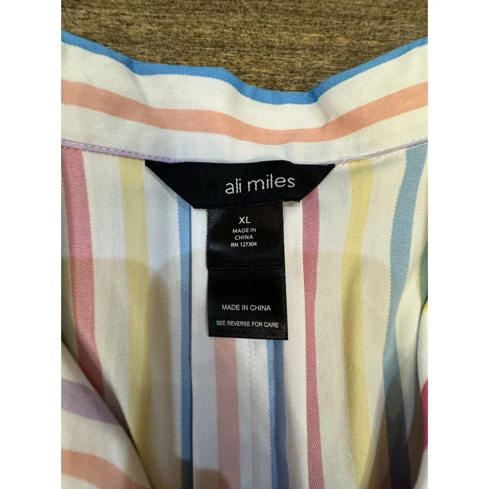 Ali‎ Miles Rainbow Stripe V Neck Collared Shirt Tunic 3/4 Sleeve Size XL